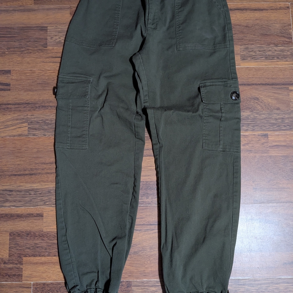 Women's Olive Green Cargo Jogger Pants with Button-Flap Pockets